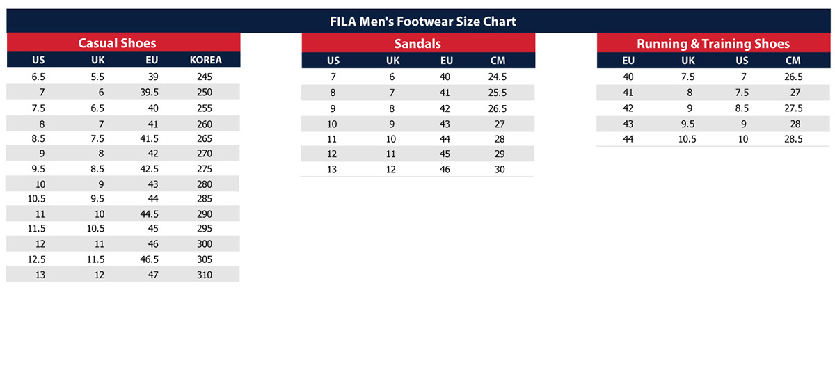 Fila sizing shoes hotsell